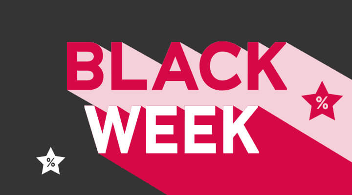 Graphic with large “BLACK WEEK” text in red and white on a dark background, stars and percent signs – symbolizing discount promotions.