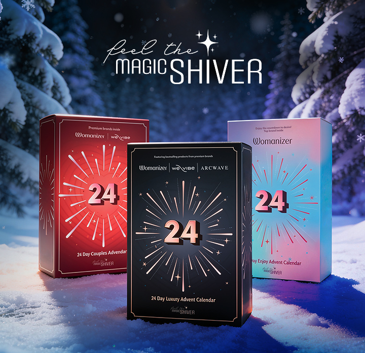 Three Advent calendars stand in a snow-covered winter landscape.
