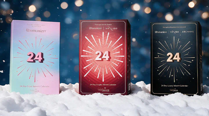 Three Advent calendars stand in a snow-covered winter landscape.