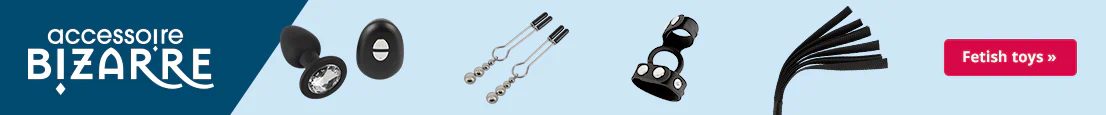 The advertisement is a banner showing four different products. The products are a remote-controlled butt plug, a pair of nipple clamps, a cock/ball sleeve, and a flogger. The brand name “Accessoire Bizarre” is written in large white letters and there is a red button with the text “Fetish Toys”.