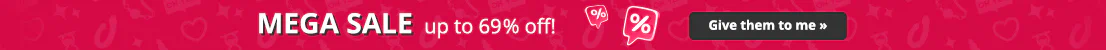 Narrow banner with red background, “MEGA SALE with up to 69% discount”, percent icon and “Get it now” button.