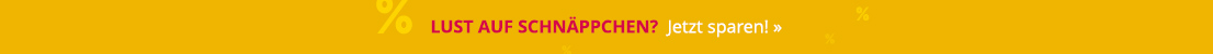 Das Bild zeigt ein bunt gestaltetes Werbebanner mit gelbem Hintergrund und hellgelben Prozentzeichen. In auffälliger Schrift steht in rot: „LUST AUF SCHNÄPPCHEN?“. In weiß steht: „Jetzt sparen! »“.
