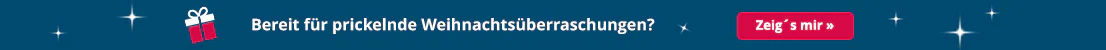Der Werbebanner hat ein Hintergrund in der Farbe petrol. Großflächig steht in weißer Schrift "Bereit für prickelnde Weihnachtsüberraschungen?" und zusätzlich eine Klickaufforderung mit dem Text "Zeig´s mir". Daneben ist ein Geschenk in der Farbe weiß und rot abgebildet.