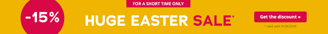 The picture is an advert for 15% off everything at Easter. It is written in red on a yellow background. At the top is a red background reading "For a short time only".