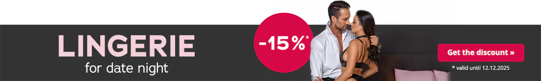 Couple in stylish lingerie, man in white shirt, woman in black lingerie; text: “Lingerie for Date Night”, pink -15% off button, valid until 12.12.2025.