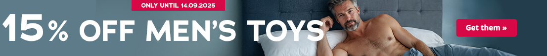 The advertisement has a picture of a topless man lying in bed. There is text in large letters that says "15% off all men's toys". At the top of the advertisement is a red button with the words "Only until 14.09.2025".