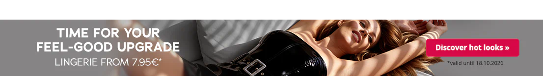 Women's lingerie banner showing a woman in a glossy black corset, promoting lingerie from €7.95.