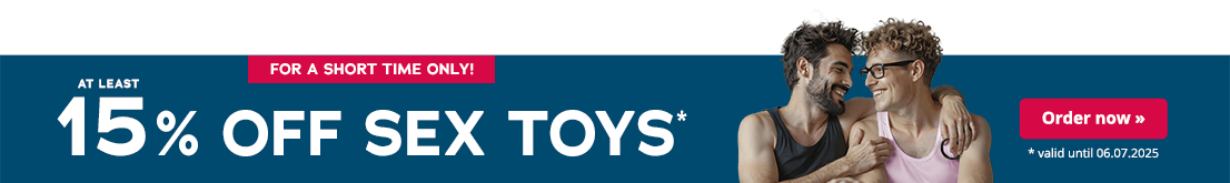 The advertisement has a teal-coloured background. The text “At least 15% off sex toys” is written in large letters. The text “valid until 06.07.2025” is written below in small letters. There is a red banner at the top of the advertisement with the text “For a short time only” written in white letters. Two men can be seen on the right-hand side of the advertisement. They have their arms around each other and are looking at each other. One man is wearing a pink top. The other man is wearing a black top and is holding a black cock ring in his hand.