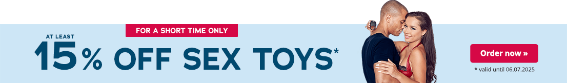 The advertisement has a light blue background. The text “At least 15% off sex toys” is written in large teal-coloured letters. The text “valid until 06.07.2025” is written below in small letters. There is a red banner at the top of the advertisement with the text “For a short time only” written in white letters. A man and a woman can be seen on the right-hand side of the advertisement. They are in each other's arms and their heads are touching. The woman is wearing red lingerie and the man is wearing a dark blue T-shirt. The woman is holding a cock ring in her hand.