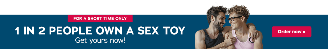 The advertisement has a teal-coloured background. The text "1 in 2 people own a sex toy – get yours now!” is written in large letters. The text “valid until 13.07.2025” is written below in small letters. There is a red banner at the top of the advertisement with the text “For a short time only” written in white letters. Two men can be seen on the right-hand side of the advertisement. They have their arms around each other and are looking at each other. One man is wearing a pink top. The other man is wearing a black top and is holding a black cock ring in his hand.