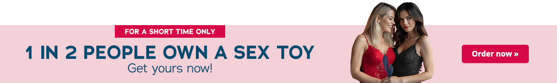 The advertisement has a pink background. The text “1 in 2 people own a sex toy – get yours now!” is written in large teal-coloured letters. The text “* valid until 13.07.2025” is written below in small grey letters. There is a red banner at the top of the advertisement with the text “For a short time only!” written in white letters. Two women can be seen on the right-hand side of the advertisement. They are wearing lace lingerie and have their arms around each other. One woman is wearing red lingerie. The other woman is wearing black lingerie and is holding a blue sex toy in her hand.