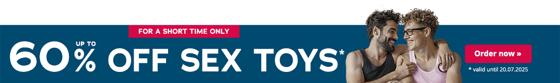 The advertisement has a teal-coloured background. The text "Up to 60% off sex toys!” is written in large letters. The text “valid until 20.07.2025” is written below in small letters. There is a red banner at the top of the advertisement with the text “For a short time only” written in white letters. Two men can be seen on the right-hand side of the advertisement. They have their arms around each other and are looking at each other. One man is wearing a pink top. The other man is wearing a black top and is holding a black cock ring in his hand.