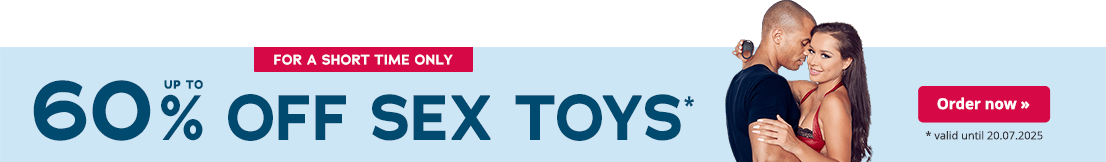 The advertisement has a light blue background. The text “Up to 60% off sex toys” is written in large teal-coloured letters. The text “valid until 20.07.2025” is written below in small letters. There is a red banner at the top of the advertisement with the text “For a short time only” written in white letters. A man and a woman can be seen on the right-hand side of the advertisement. They are in each other's arms and their heads are touching. The woman is wearing red lingerie and the man is wearing a dark blue T-shirt. The woman is holding a cock ring in her hand.