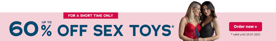The advertisement has a pink background. The text “Up to 60% off sex toys” is written in large teal-coloured letters. The text “* valid until 20.07.2025” is written below in small grey letters. There is a red banner at the top of the advertisement with the text “For a short time only!” written in white letters. Two women can be seen on the right-hand side of the advertisement. They are wearing lace lingerie and have their arms around each other. One woman is wearing red lingerie. The other woman is wearing black lingerie and is holding a blue sex toy in her hand.