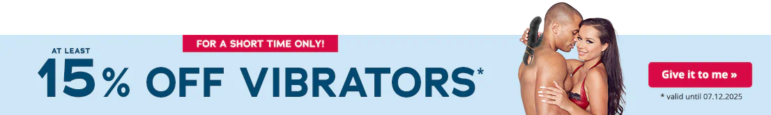 A woman in red lingerie with black lace has her arms around a man who is topless. She is holding a black toy in her hand. The words “At least 15% off vibrators, valid until 07.12.2025” are written in large letters.