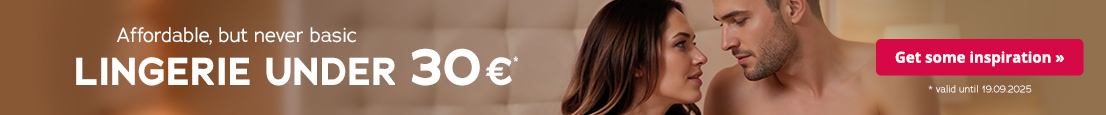 The advertisement has a picture of a man and a woman sitting close together and facing each other. The woman's black bra straps are visible over her shoulders. The man is shirtless. The words ‘LINGERIE UNDER 30€’ are written in large white letters. Below this, in smaller letters, the text ‘*valid until 19.09.2025’ can be seen.