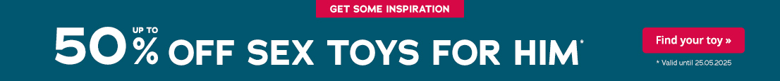 A picture with a blue background and white text that says “Up to 50% off sex toys for men”. There is a red button on the right-hand side that says “Find your toy »”. It also says “valid until 25.05.2025”.