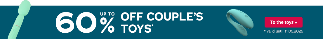 The advertisement is for couple’s toys. It says “Up to 60% off couple’s toys*” in white letters on a blue background. It says “*valid until 11.05.2025” underneath in small letters. Blue toys can be seen next to the text.