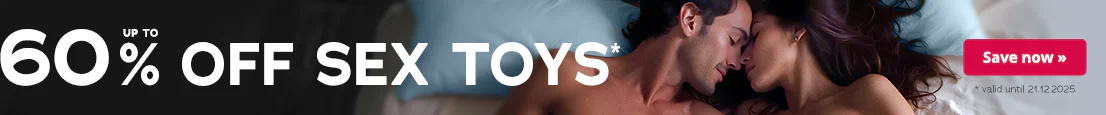 Naked couple on a bed, promotional text "Up to 60% off sex toys, valid until 21.12.2025" in the foreground.
