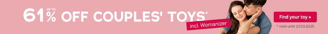 The advertisement shows a pink area with white text that states up to 61% off couples' toys. A red area contains the text “Incl. Womanizer”. It also says “valid until 23.03.2025” in small grey letters.