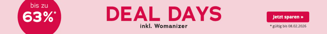 Werbemittel mit rosa Hintergrund. In großen roten Buchstaben steht "Deal Days", darunter in kleinerer weißer Schrift: "Womanizer". Außerdem ist ein roter kreisrunder Störer mit der Aufschrift "bis zu 63%" abgebildet. Am unteren Rand steht: "*gültig bis 08.02.2026".
