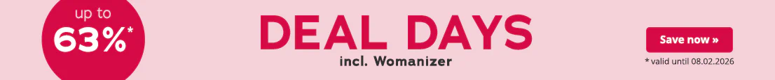 Advertisement with a pink background. It says “Deal Days” in large red letters and “Womanizer" in smaller white letters. There is also an eye-catching red circle with the text “up to 63%”. It says “*valid until 08.02.2026” at the bottom.