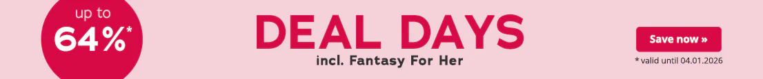 Advertisement with a pink background. It says “Deal Days” in large red letters and “Fantasy For Her" in smaller white letters. There is also an eye-catching red circle with the text “up to 64%”. It says “*valid until 04.01.2026” at the bottom.