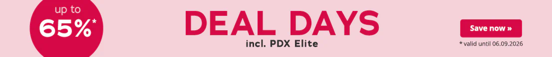 Advertisement with a pink background. It says “Deal Days” in large red letters and "incl. PDX Elite" in smaller letters. There is also an eye-catching red circle with the text “up to 65%”. It says “*valid until 06.09.2026” at the bottom.