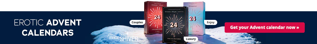 Three Advent calendars in different colours are standing on snow-covered ground. The background is dark blue and the text, “Erotic Advent Calendars”, is written in large letters.