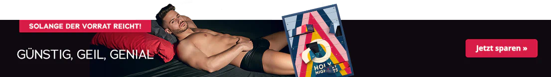 Das Bild zeigt eine Werbeanzeige, wo ein Mann mit dem Rücken auf dem Bett liegt und mit seiner Hand in die schwarze Unterhose fasst. Links im Bild ist der Adventskalender mit buntem Design und der Aufschrift „HOLY NIGHTS“ abgebildet. Daneben steht in weißer Schrift: „Günstig, Geil, Genial." Am oberen Rand ist ein rotfarbener Button mit dem Hinweis „Solange der Vorrat reicht!"