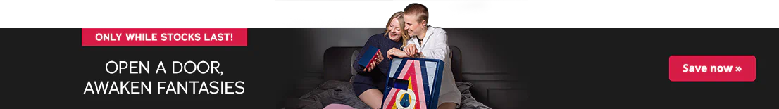 The advertisement has a picture of two women kneeling on a bed and looking at a box of the Advent calendar together. The calendar has a colourful design and the words "HOLY NIGHTS" are written on it. The sentence "Open the door, open your imagination" is written next to it in white letters. There is a red banner at the top with the words "Only while stocks last".