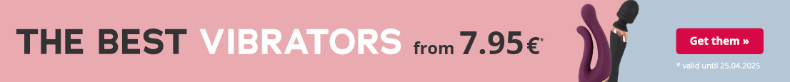 The image is an advertisement for vibrators with the text “The best vibrators from €7.95” on a pink background. On the right-hand side of the advertisement, the background is light blue. It says “*valid until 25.04.2025” at the bottom in small white letters. A purple vibrator and a black massage wand can also be seen.