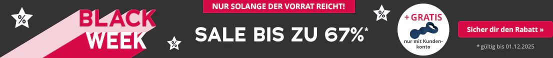Ein Banner mit dunklem Hintergrund, auf dem großflächig in weißer Schrift "Black Week - bis zu 67%" steht. In einem weißen Störer ist ein blauer Artikel abgebildet mit dem Text "Gratis nur mit Kundenkonto". Oberhalb der Anzeige steht in einem rotfarbenen Button "Nur solange der Vorrat reicht" und unterhalb der Anzeige steht "*gültig bis 01.12.2025".