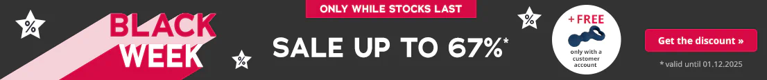 A banner with a dark background and text written in large white letters that says “Black Week – up to 67% off”. A blue item is displayed in a white eye-catching circle. There is also some text in the circle that says “Free only with a customer account”. The text “Only while stocks last” is in a red button at the top of the advertisement. The text “*valid until 01.12.2025” is at the bottom of the advertisement.