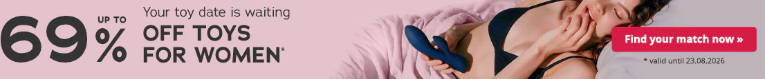 A woman in black lingerie is lying on pink bed sheets. She is holding a blue sex toy in her hand. Text: “Your toy date is waiting – UP TO xy% OFF TOYS FOR WOMEN*”. There is also a red button with the text “Find your match now »”, valid until 23.08.2026.