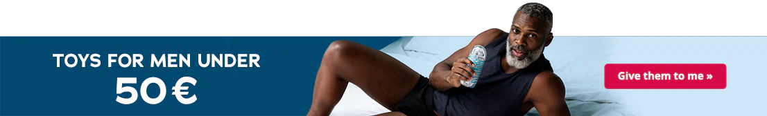 Advertisement banner with a picture of a man holding a men's toy. There is also some text that says “Toys for men under 50€” and a red button with arrows on a light blue background.