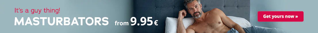 Shirtless man with grey hair and a beard relaxing in bed. Text: "It’s a guy thing! Masturbators from 9.95 €".