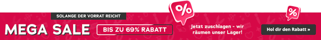 Roter Werbebanner mit Prozentzeichen, Text „Solange der Vorrat reicht“, „Mega Sale“ und „Bis zu 69 % Rabatt“.