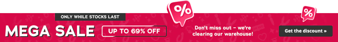 Red banner advertisement with percent signs. Text: "Only while stocks last", "Mega Sale" and "Up to 69% off".