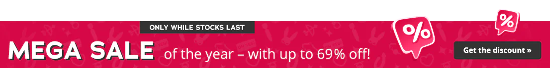 Red banner advertisement with percent signs. Text: "Only while stocks last" and "Mega sale of the year with up to 69% off!".