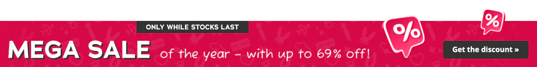 Red banner advertisement with percent signs. Text on the button: "Only while stocks last". Text in a decorative font "Mega sale of the year with up to 69% off!".