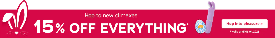 A red background with white rabbit ears. There is a purple vibrator with rabbit ears next to a blue egg with the text “EGG” on it. All this can be seen on the left-hand side of the advertisement. The text “Hop to new climaxes – 15% OFF EVERYTHING*” can be seen on the advertisement too. There is a white button with text that says “Hop into pleasure was »”. The text: “*valid until 06.04.26” can be seen in the bottom right corner of the advertisement.