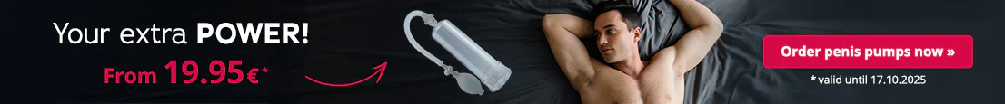 The advertisement has an image of a man lying topless on a bed with dark bedding. It says "Your extra power! From 19.95€, *valid until 17.10.2025” in large red and white letters. There is a picture of a penis pump next to the text.