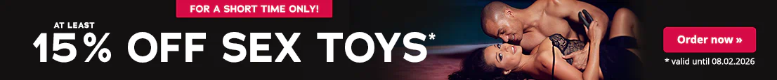 The advertisement has a picture of a couple embracing each other. The man is topless and the woman is wearing a lace body. They are both smiling. The woman is holding a vibrator in her hand. The text “At least 15% off sex toys, valid until 08.02.26" is displayed prominently.