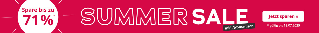 Das Bild zeigt eine Werbeanzeige mit rotem Hintergrund. Großflächig steht in weißer Schrift „SUMMER SALE“. Darunter steht in kleiner Schrift "gültig bis 18.07.2025". Ein weißer Pfeil verbindet den plakativen Text mit einem weißen Kreis auf dem mit roter Schrift der Text „Spare bis zu 71%² steht. Darauf ist ein schwarzer Button mit weißer Schrift wo inkl. Womanizer draufsteht.