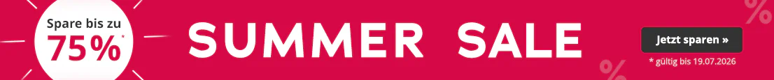 Grafik mit roten Hintergrund und dem Schriftzug 'Summer Sale'. Ein Pfeil zeigt auf einen weißen Kreis mit dem Text: 'Spare bis zu 75 %'. Kleingedruckt: 'gültig bis 19.07.2026'.