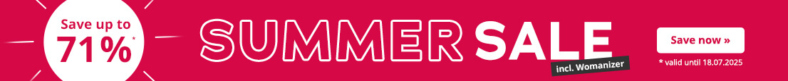 The advertisement has a red background and the text "SUMMER SALE” which is written in large white letters. The text "valid until 18.07.2025" is written below this in small letters. There is also a white arrow leading from the bold text to the white circle. The text "Save up to 71%²" is written inside the circle in red letters. There is a black banner with white text that says "Incl. Womanizer".