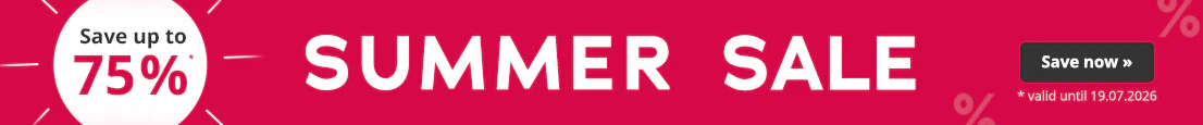 Graphic with a red background and the text 'Summer Sale'. An arrow points to a white circle with the text: 'Save up to 75%'. Small print: 'valid until 19.07.2026'.