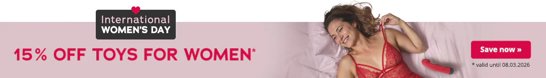 Advertisement banner for International Women's Day with a heart icon, text “15% off toys for women, valid until 08.03.2026”, and a woman in red lace lingerie.