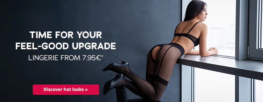 Woman in black lingerie and stockings by a window; promotional banner for lingerie from €7.95.